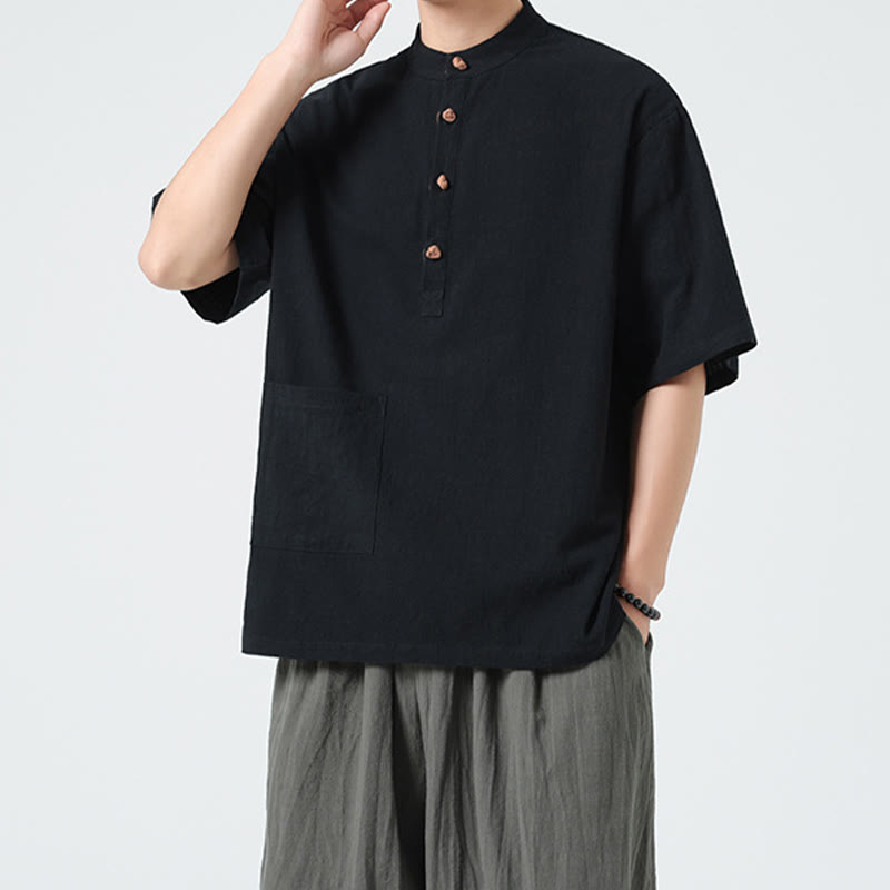 Koszula męska z krótkim rękawem bawełniana z kieszenią i kołnierzykiem stojącym w stylu casual z Buddha Stones i guzikami żaby