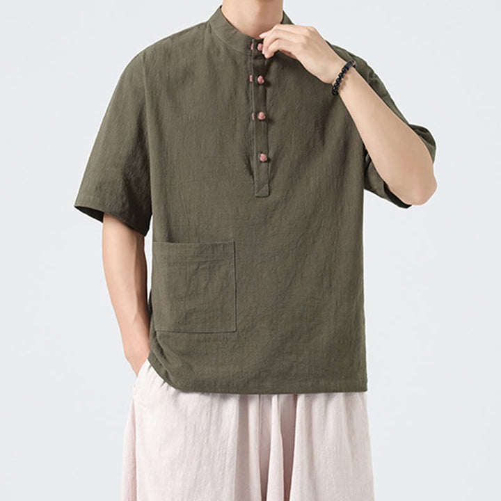 Koszula męska z krótkim rękawem bawełniana z kieszenią i kołnierzykiem stojącym w stylu casual z Buddha Stones i guzikami żaby