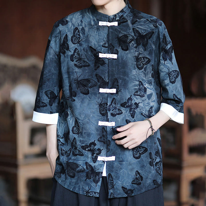 Buddha Stones Żakard Motyl Wzór Biały Żabka-Guziki Projekt Kołnierz Stójka Męska Koszula Bawełniana Kardigan Rękaw Trzy Czwarte - image 14