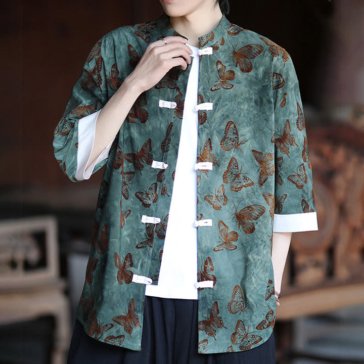 Buddha Stones Żakard Motyl Wzór Biały Żabka-Guziki Projekt Kołnierz Stójka Męska Koszula Bawełniana Kardigan Rękaw Trzy Czwarte - image 3