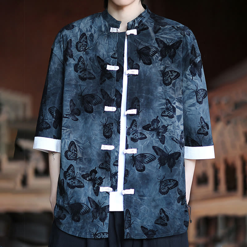 Buddha Stones Żakard Motyl Wzór Biały Żabka-Guziki Projekt Kołnierz Stójka Męska Koszula Bawełniana Kardigan Rękaw Trzy Czwarte - image 13