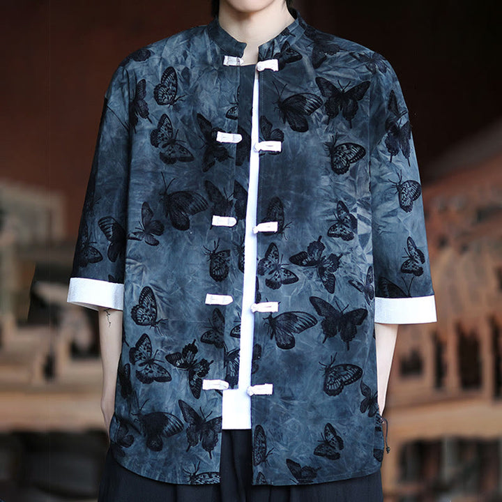 Buddha Stones Żakard Motyl Wzór Biały Żabka-Guziki Projekt Kołnierz Stójka Męska Koszula Bawełniana Kardigan Rękaw Trzy Czwarte - image 13