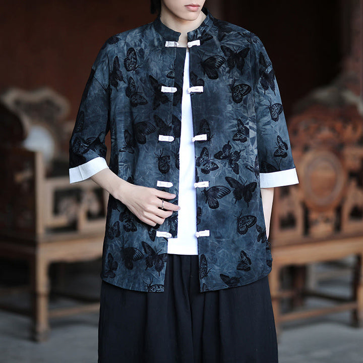 Buddha Stones Żakard Motyl Wzór Biały Żabka-Guziki Projekt Kołnierz Stójka Męska Koszula Bawełniana Kardigan Rękaw Trzy Czwarte - image 11