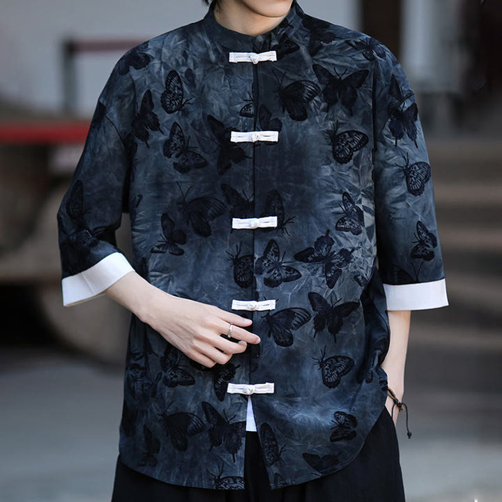 Buddha Stones Żakard Motyl Wzór Biały Żabka-Guziki Projekt Kołnierz Stójka Męska Koszula Bawełniana Kardigan Rękaw Trzy Czwarte - image 16