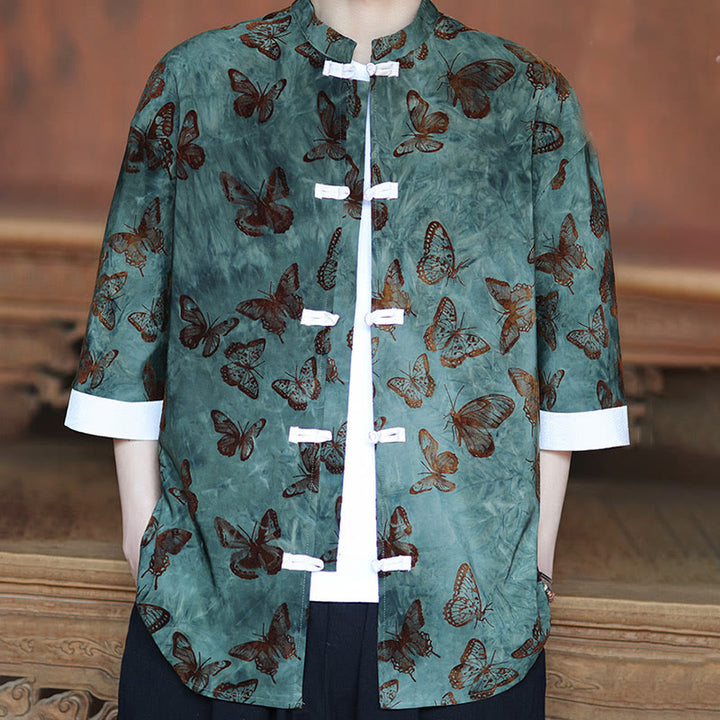 Buddha Stones Żakard Motyl Wzór Biały Żabka-Guziki Projekt Kołnierz Stójka Męska Koszula Bawełniana Kardigan Rękaw Trzy Czwarte - image 4