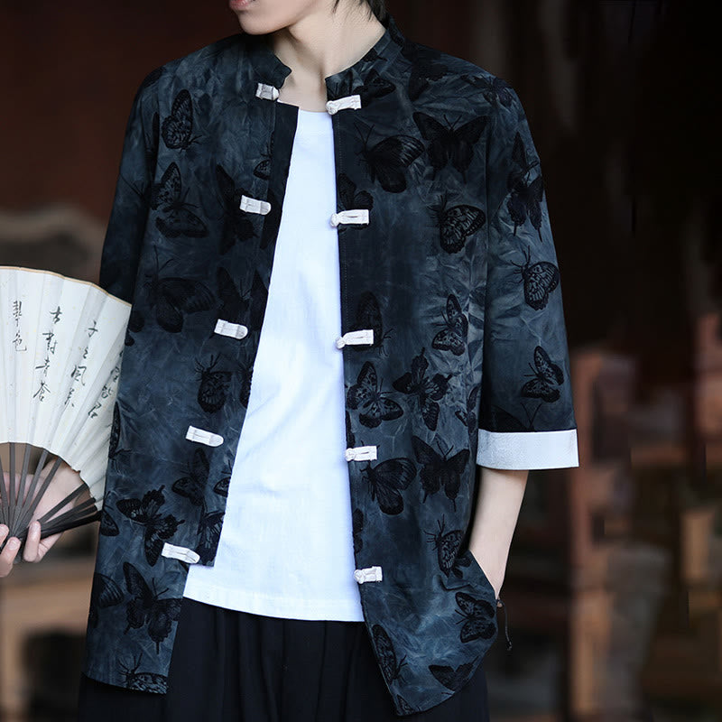 Buddha Stones Żakard Motyl Wzór Biały Żabka-Guziki Projekt Kołnierz Stójka Męska Koszula Bawełniana Kardigan Rękaw Trzy Czwarte - image 15