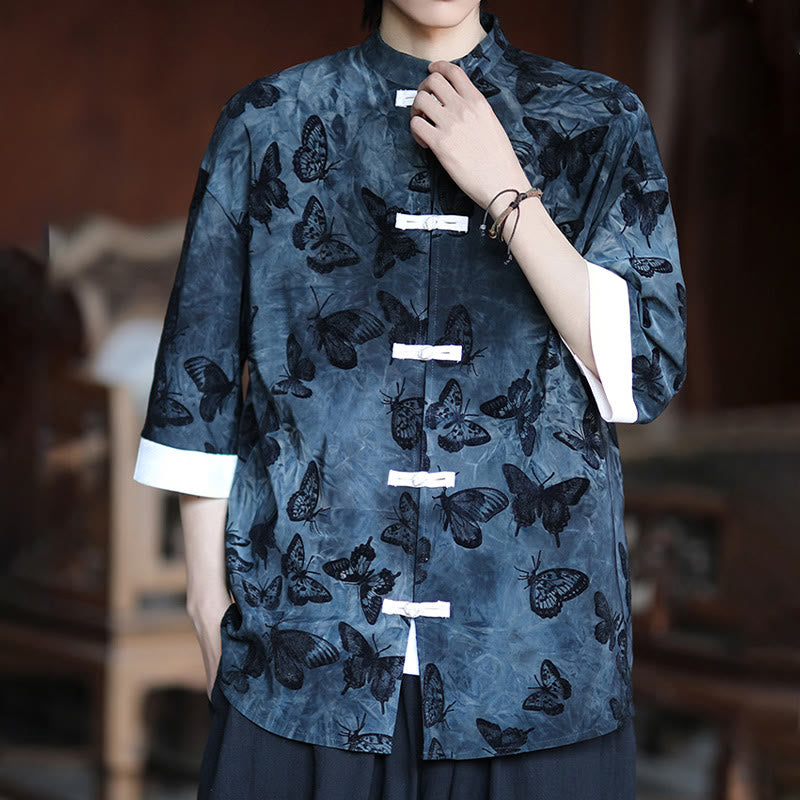 Buddha Stones Żakard Motyl Wzór Biały Żabka-Guziki Projekt Kołnierz Stójka Męska Koszula Bawełniana Kardigan Rękaw Trzy Czwarte - image 12