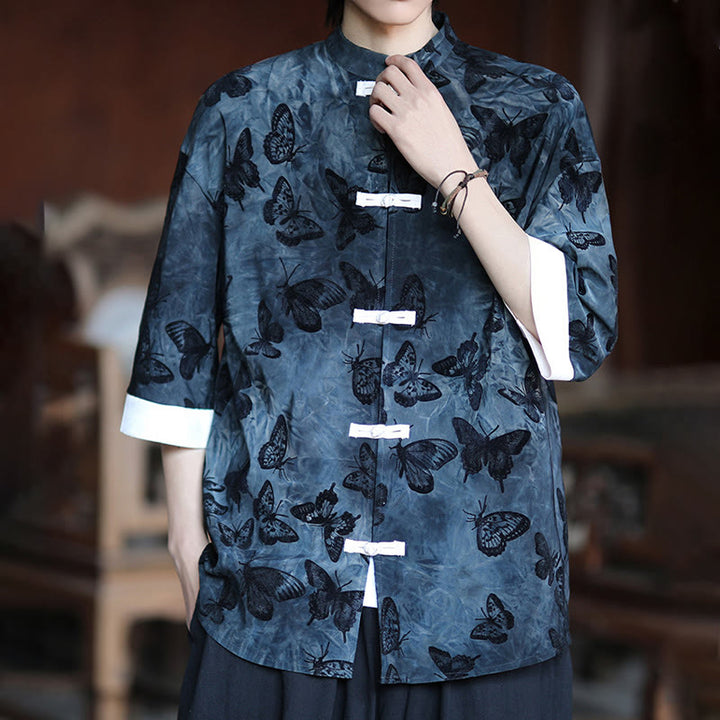 Buddha Stones Żakard Motyl Wzór Biały Żabka-Guziki Projekt Kołnierz Stójka Męska Koszula Bawełniana Kardigan Rękaw Trzy Czwarte - image 12