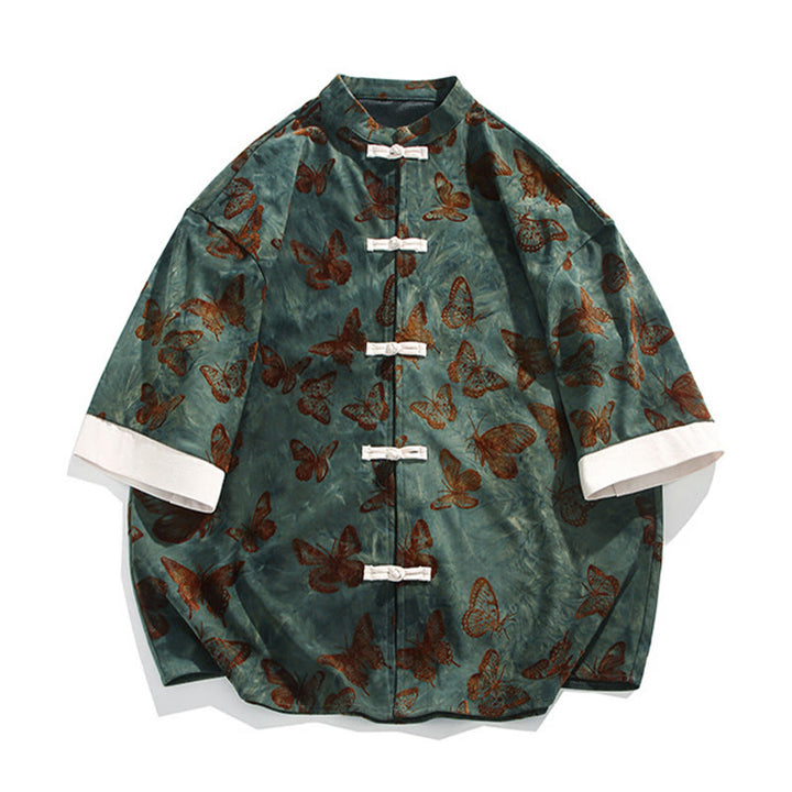 Buddha Stones Żakard Motyl Wzór Biały Żabka-Guziki Projekt Kołnierz Stójka Męska Koszula Bawełniana Kardigan Rękaw Trzy Czwarte - image 7