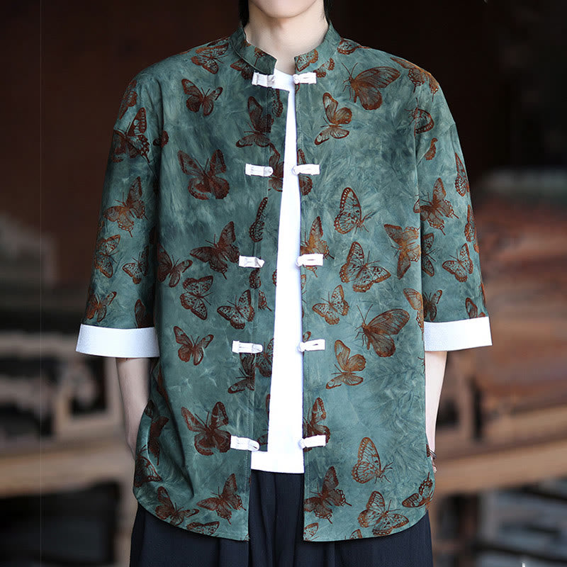 Buddha Stones Żakard Motyl Wzór Biały Żabka-Guziki Projekt Kołnierz Stójka Męska Koszula Bawełniana Kardigan Rękaw Trzy Czwarte - image 2