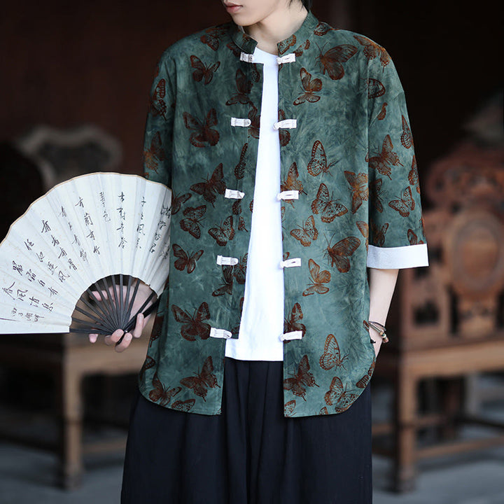 Buddha Stones Żakard Motyl Wzór Biały Żabka-Guziki Projekt Kołnierz Stójka Męska Koszula Bawełniana Kardigan Rękaw Trzy Czwarte - image 1