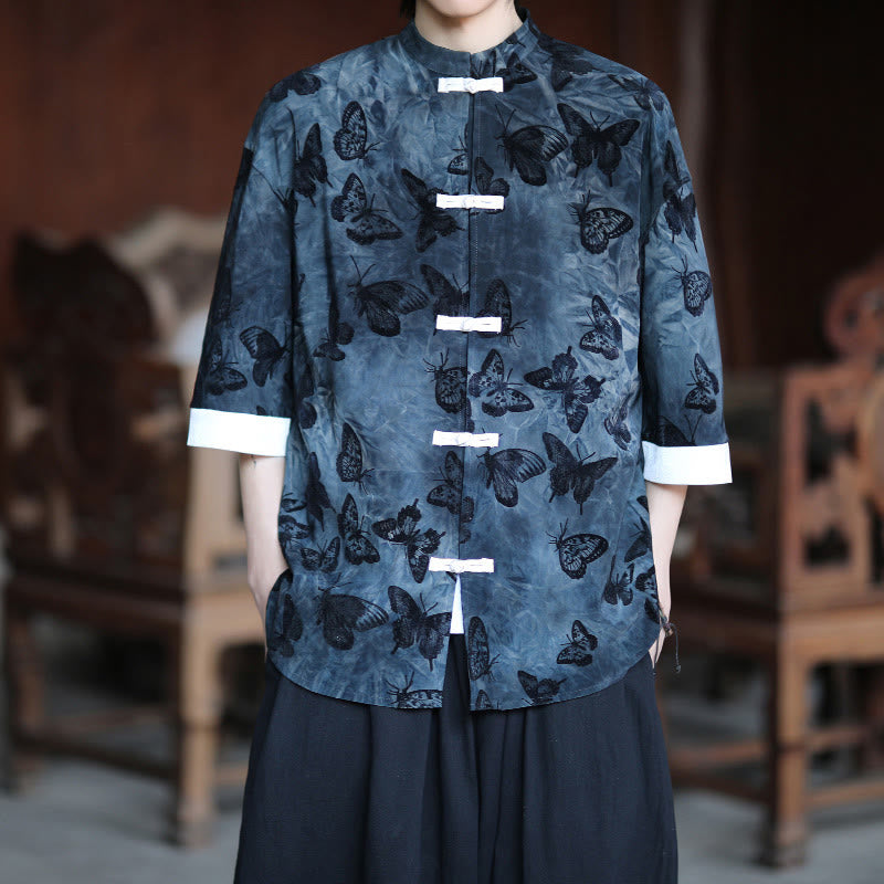 Buddha Stones Żakard Motyl Wzór Biały Żabka-Guziki Projekt Kołnierz Stójka Męska Koszula Bawełniana Kardigan Rękaw Trzy Czwarte - image 10