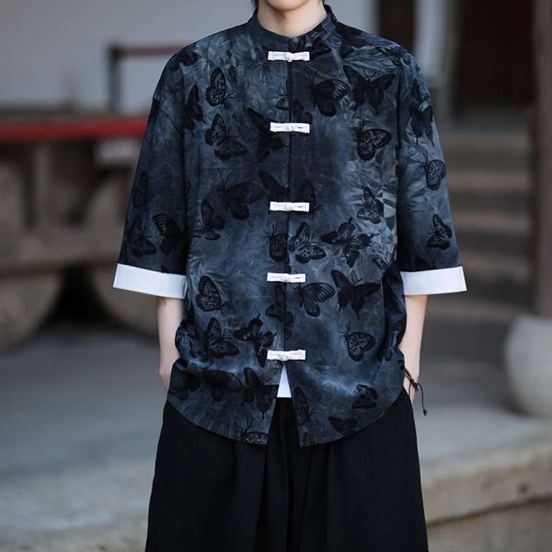 Buddha Stones Żakard Motyl Wzór Biały Żabka-Guziki Projekt Kołnierz Stójka Męska Koszula Bawełniana Kardigan Rękaw Trzy Czwarte - MidnightBlue - US/UK/AU46， EU56 (5XL) - image 8