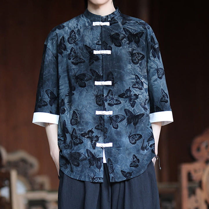 Buddha Stones Żakard Motyl Wzór Biały Żabka-Guziki Projekt Kołnierz Stójka Męska Koszula Bawełniana Kardigan Rękaw Trzy Czwarte - image 9