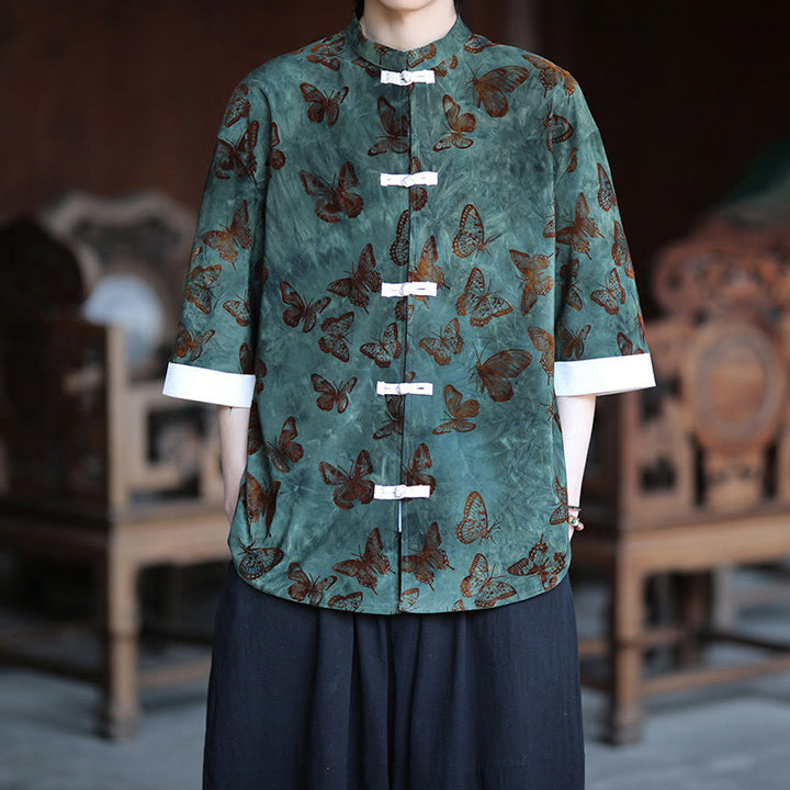 Buddha Stones Żakard Motyl Wzór Biały Żabka-Guziki Projekt Kołnierz Stójka Męska Koszula Bawełniana Kardigan Rękaw Trzy Czwarte - SeaGreen - US/UK/AU46， EU56 (5XL) - image 0