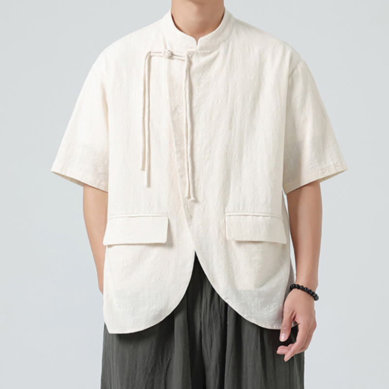 Buddha Stones Vintage Jednolity Kolor Nieregularny Obszycie Projekt Kołnierz Stójka Męska Koszula Bawełniana Kardigan Z Kieszeniami - Beżowy - US/UK/AU46， EU56 (5XL) - image 0