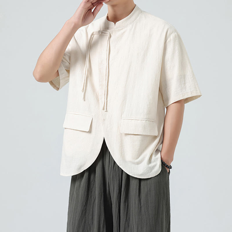 Buddha Stones Vintage Jednolity Kolor Nieregularny Obszycie Projekt Kołnierz Stójka Męska Koszula Bawełniana Kardigan Z Kieszeniami - image 1