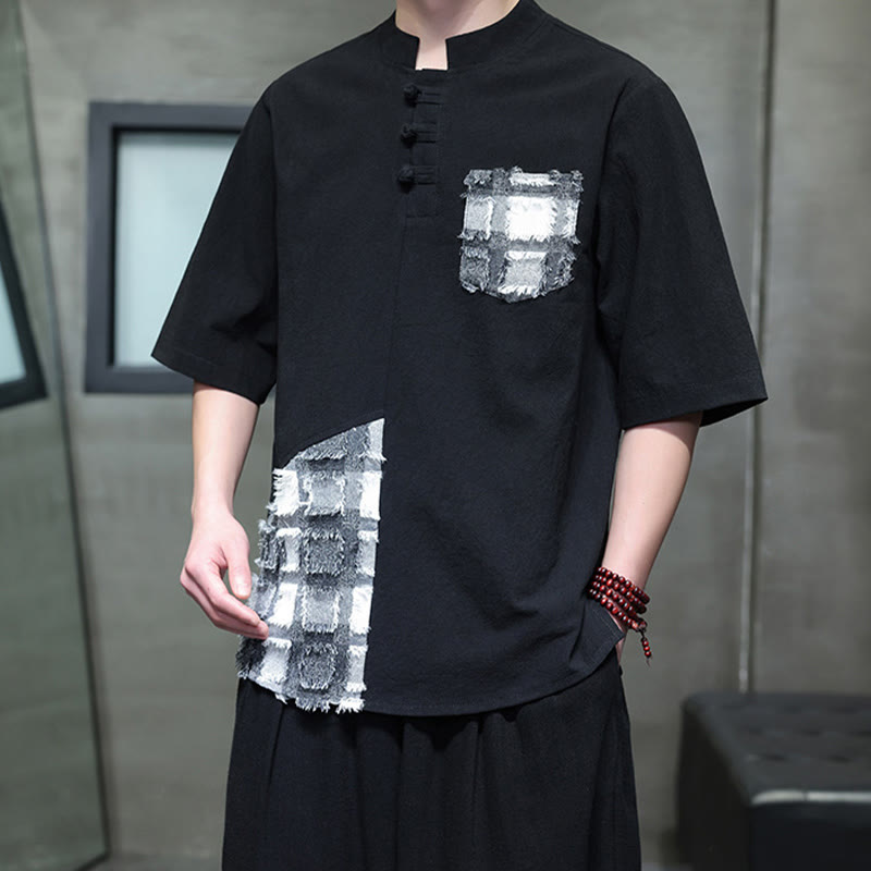 Koszula męska z krótkim rękawem i kieszenią z kontrastowym wzorem patchworkowym i kołnierzykiem w kolorze Buddha Stones w stylu vintage - image 1