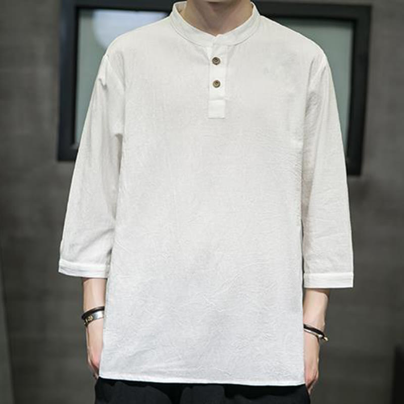 Koszula męska Buddha Stones Vintage Casual Pure Color Stand Collar z rękawem 3/4 z bawełny i lnu - image 1