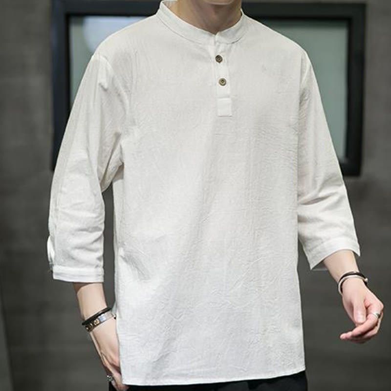 Koszula męska Buddha Stones Vintage Casual Pure Color Stand Collar z rękawem 3/4 z bawełny i lnu - Beżowy - US/UK/AU46， EU56 (5XL) - image 0