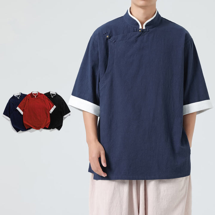 Koszula męska z bawełny i lnu z krótkim rękawem i półrękawem w stylu vintage z kołnierzykiem ze skośnymi plisami Buddha Stones - image 8