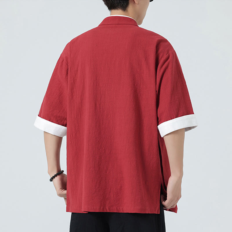 Koszula męska z bawełny i lnu z krótkim rękawem i półrękawem w stylu vintage z kołnierzykiem ze skośnymi plisami Buddha Stones - image 32