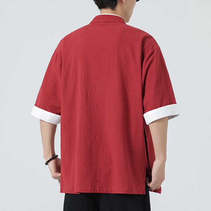 Koszula męska z bawełny i lnu z krótkim rękawem i półrękawem w stylu vintage z kołnierzykiem ze skośnymi plisami Buddha Stones - image 32