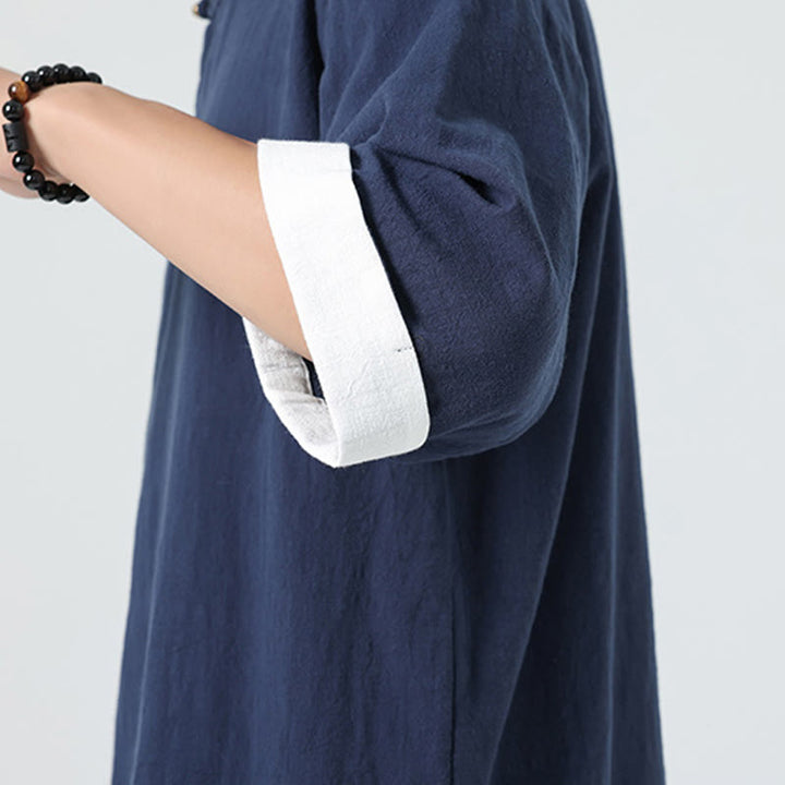 Koszula męska z bawełny i lnu z krótkim rękawem i półrękawem w stylu vintage z kołnierzykiem ze skośnymi plisami Buddha Stones - image 12