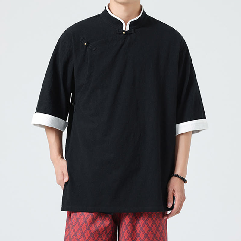 Koszula męska z bawełny i lnu z krótkim rękawem i półrękawem w stylu vintage z kołnierzykiem ze skośnymi plisami Buddha Stones - image 17