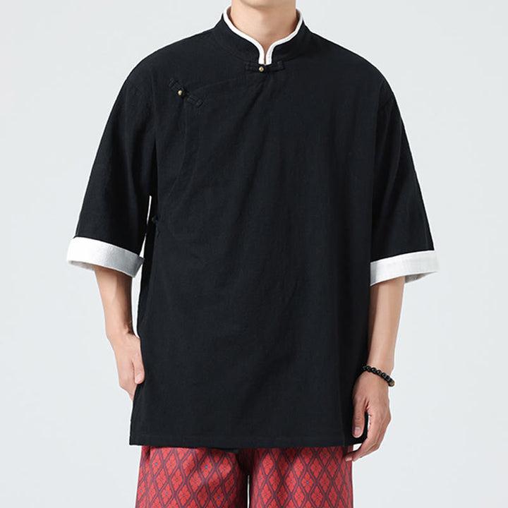 Koszula męska z bawełny i lnu z krótkim rękawem i półrękawem w stylu vintage z kołnierzykiem ze skośnymi plisami Buddha Stones - image 17