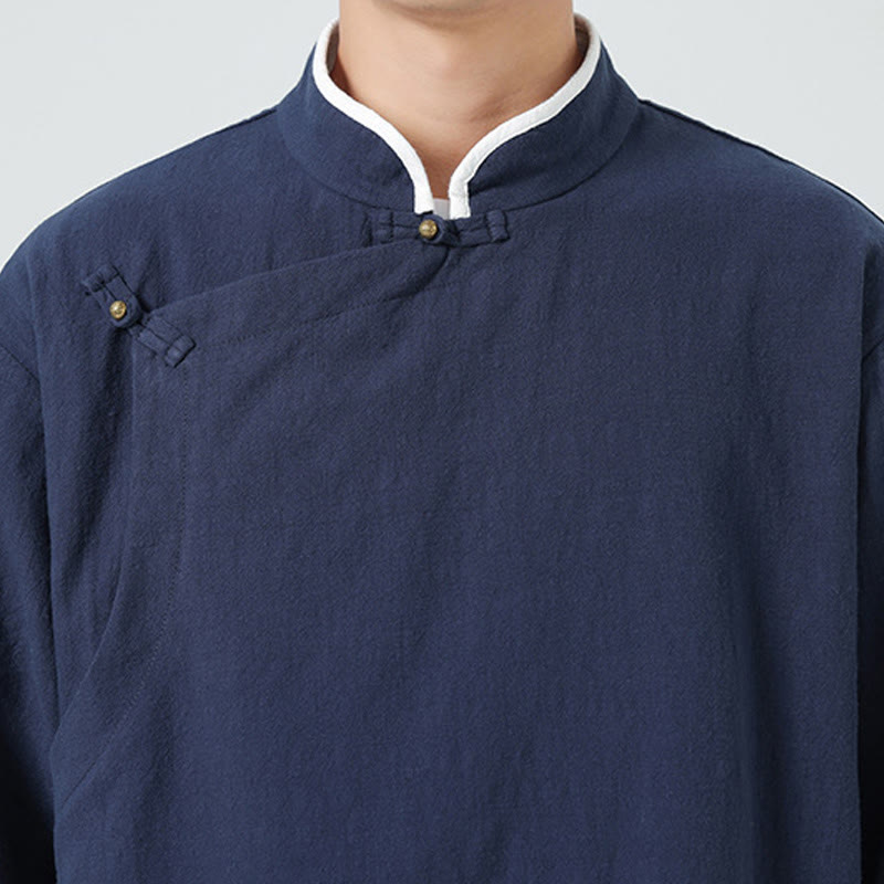 Koszula męska z bawełny i lnu z krótkim rękawem i półrękawem w stylu vintage z kołnierzykiem ze skośnymi plisami Buddha Stones - image 10