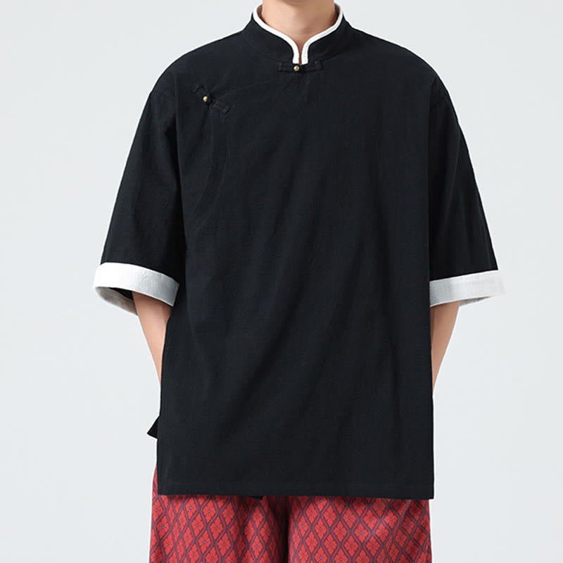 Koszula męska z bawełny i lnu z krótkim rękawem i półrękawem w stylu vintage z kołnierzykiem ze skośnymi plisami Buddha Stones - image 16