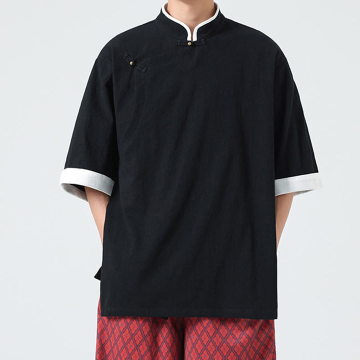 Koszula męska z bawełny i lnu z krótkim rękawem i półrękawem w stylu vintage z kołnierzykiem ze skośnymi plisami Buddha Stones - image 16