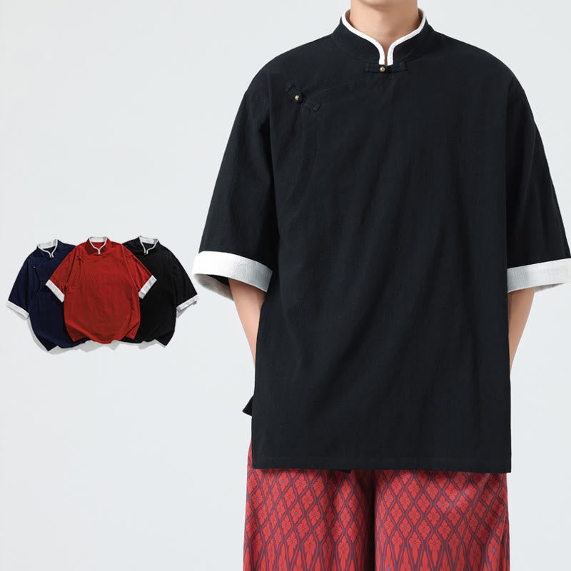 Koszula męska z bawełny i lnu z krótkim rękawem i półrękawem w stylu vintage z kołnierzykiem ze skośnymi plisami Buddha Stones - image 15