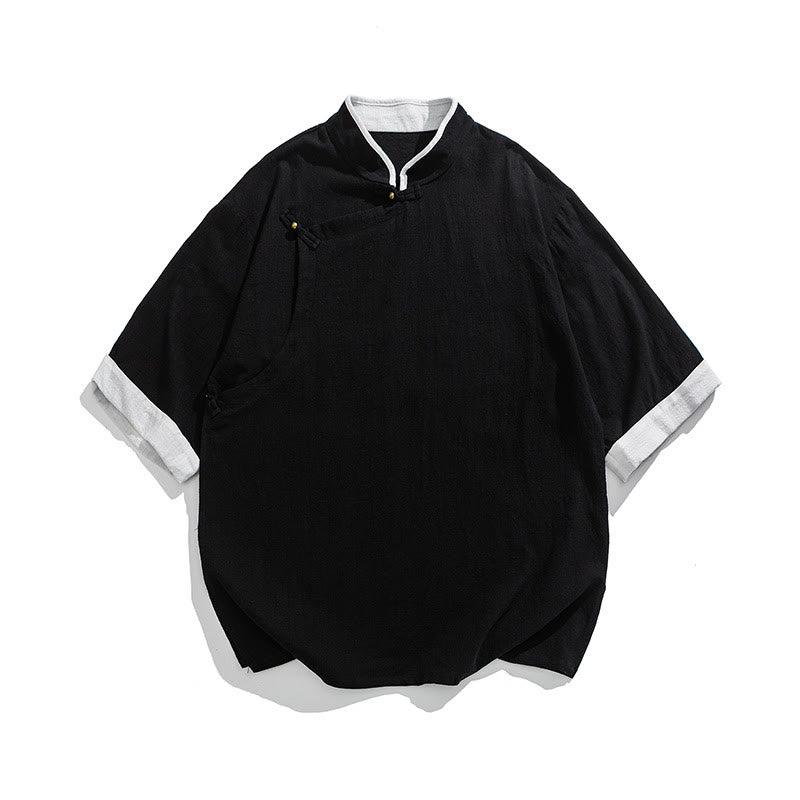 Koszula męska z bawełny i lnu z krótkim rękawem i półrękawem w stylu vintage z kołnierzykiem ze skośnymi plisami Buddha Stones - image 23