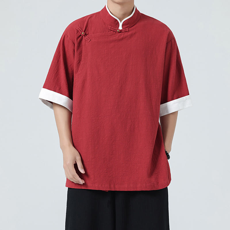 Koszula męska z bawełny i lnu z krótkim rękawem i półrękawem w stylu vintage z kołnierzykiem ze skośnymi plisami Buddha Stones - image 28