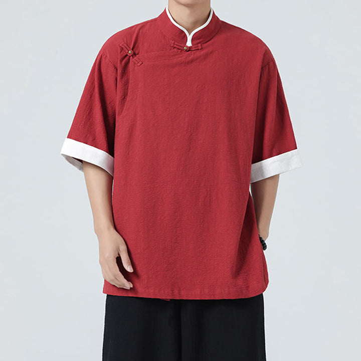 Koszula męska z bawełny i lnu z krótkim rękawem i półrękawem w stylu vintage z kołnierzykiem ze skośnymi plisami Buddha Stones - image 28