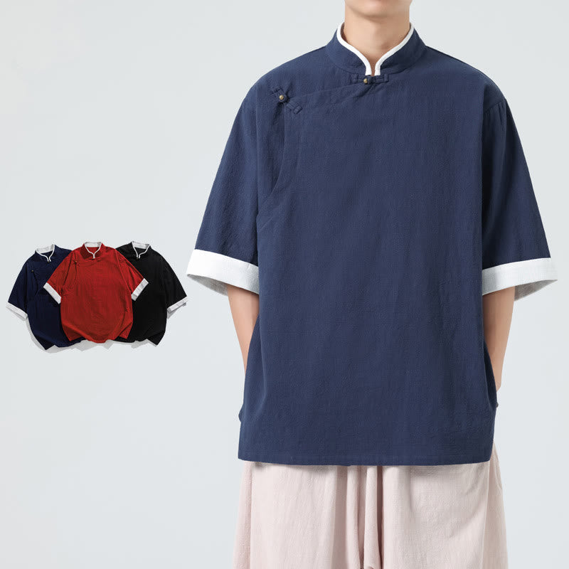 Koszula męska z bawełny i lnu z krótkim rękawem i półrękawem w stylu vintage z kołnierzykiem ze skośnymi plisami Buddha Stones - image 7