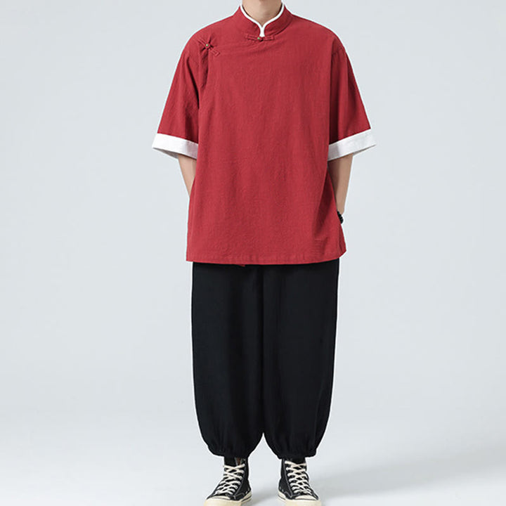 Koszula męska z bawełny i lnu z krótkim rękawem i półrękawem w stylu vintage z kołnierzykiem ze skośnymi plisami Buddha Stones - image 33