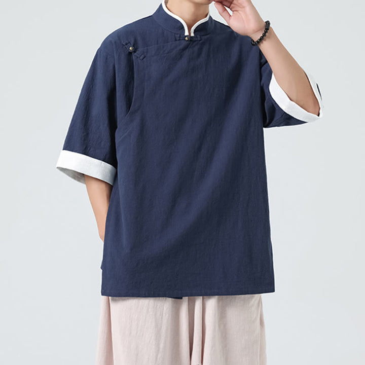 Koszula męska z bawełny i lnu z krótkim rękawem i półrękawem w stylu vintage z kołnierzykiem ze skośnymi plisami Buddha Stones - image 3