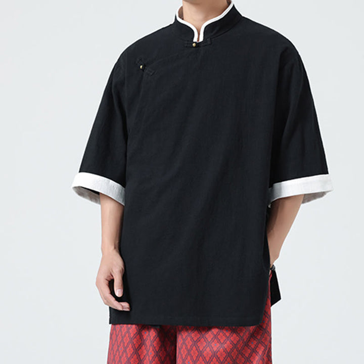 Koszula męska z bawełny i lnu z krótkim rękawem i półrękawem w stylu vintage z kołnierzykiem ze skośnymi plisami Buddha Stones - image 18