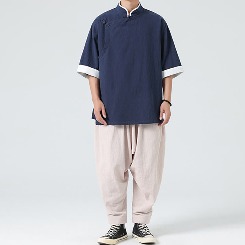 Koszula męska z bawełny i lnu z krótkim rękawem i półrękawem w stylu vintage z kołnierzykiem ze skośnymi plisami Buddha Stones - image 9