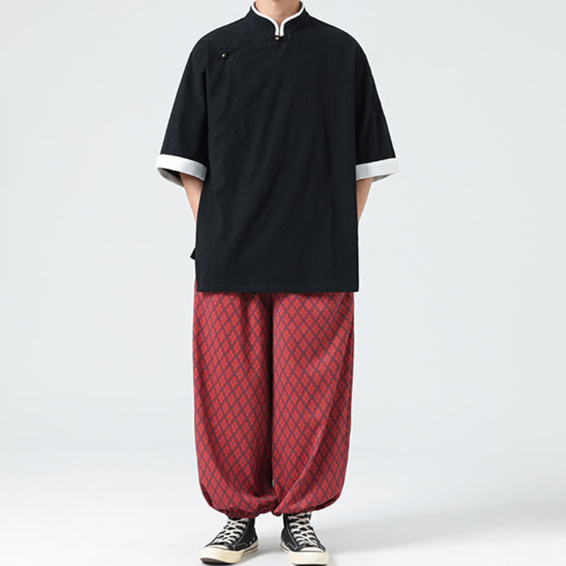 Koszula męska z bawełny i lnu z krótkim rękawem i półrękawem w stylu vintage z kołnierzykiem ze skośnymi plisami Buddha Stones - image 22