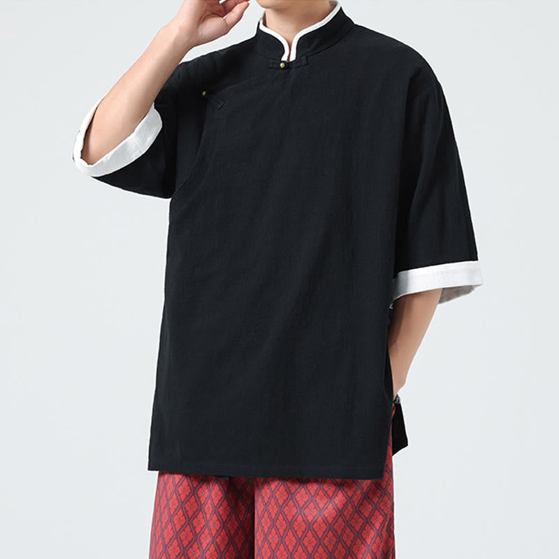 Koszula męska z bawełny i lnu z krótkim rękawem i półrękawem w stylu vintage z kołnierzykiem ze skośnymi plisami Buddha Stones - image 20