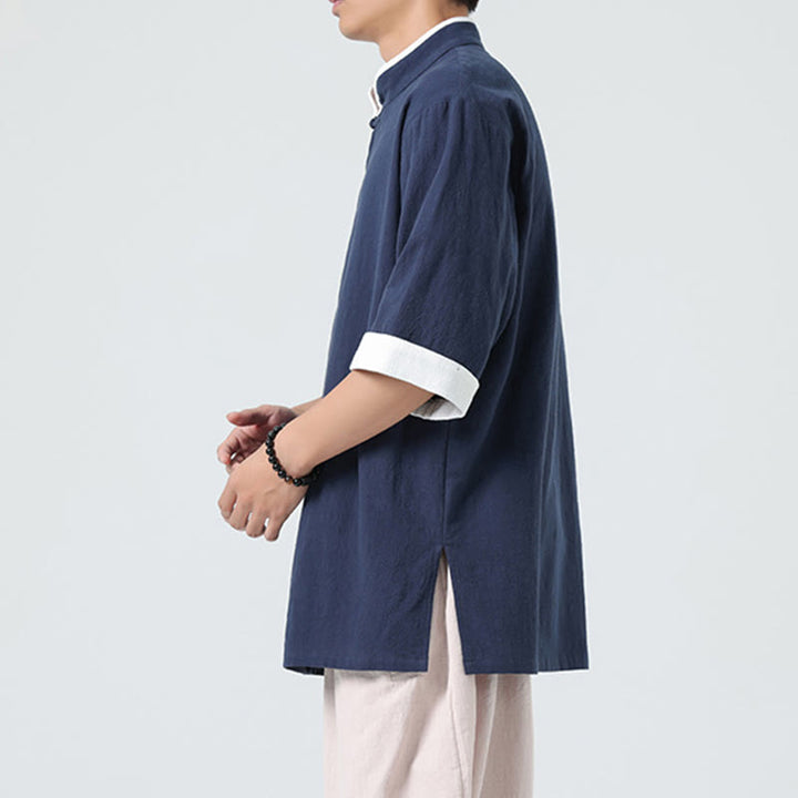 Koszula męska z bawełny i lnu z krótkim rękawem i półrękawem w stylu vintage z kołnierzykiem ze skośnymi plisami Buddha Stones - image 5