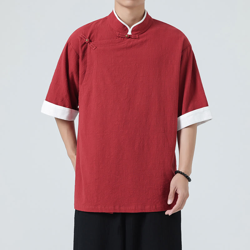 Koszula męska z bawełny i lnu z krótkim rękawem i półrękawem w stylu vintage z kołnierzykiem ze skośnymi plisami Buddha Stones - image 30