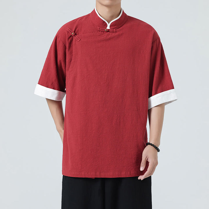 Koszula męska z bawełny i lnu z krótkim rękawem i półrękawem w stylu vintage z kołnierzykiem ze skośnymi plisami Buddha Stones - image 30