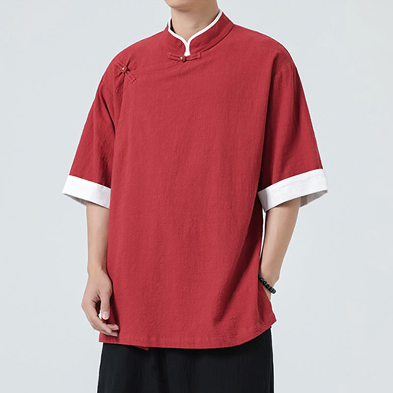 Koszula męska z bawełny i lnu z krótkim rękawem i półrękawem w stylu vintage z kołnierzykiem ze skośnymi plisami Buddha Stones - image 31