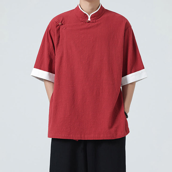 Koszula męska z bawełny i lnu z krótkim rękawem i półrękawem w stylu vintage z kołnierzykiem ze skośnymi plisami Buddha Stones - image 27