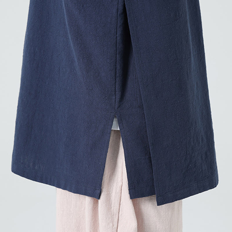 Koszula męska z bawełny i lnu z krótkim rękawem i półrękawem w stylu vintage z kołnierzykiem ze skośnymi plisami Buddha Stones - image 13